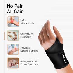 HEAD Wrist Support Brace with Thumb Loop for Wrist Pain Relief, Neoprene Quality, Black, Free Size