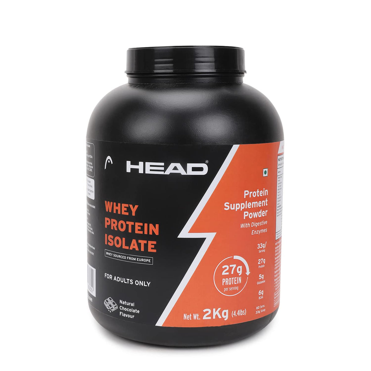 Head Premium 100% Whey Protein Powder Isolate, Pack of 2Kg for Athlete, Natural Chocolate, 60 Servings, Sports & Fitness Enthusiast, Muscle Strength & Bone Health, Sugarfree - Primary Source - Whey Isolate (Sourced From Europe)