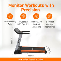 Reach ITA 6 HP Peak Motorized Treadmill | Max Speed 18 km/hr | Foldable Treadmill with Automatic Incline | Fitness Machine for Home Gym with LCD Display & Bluetooth | Max User Weight 125kg | Orange