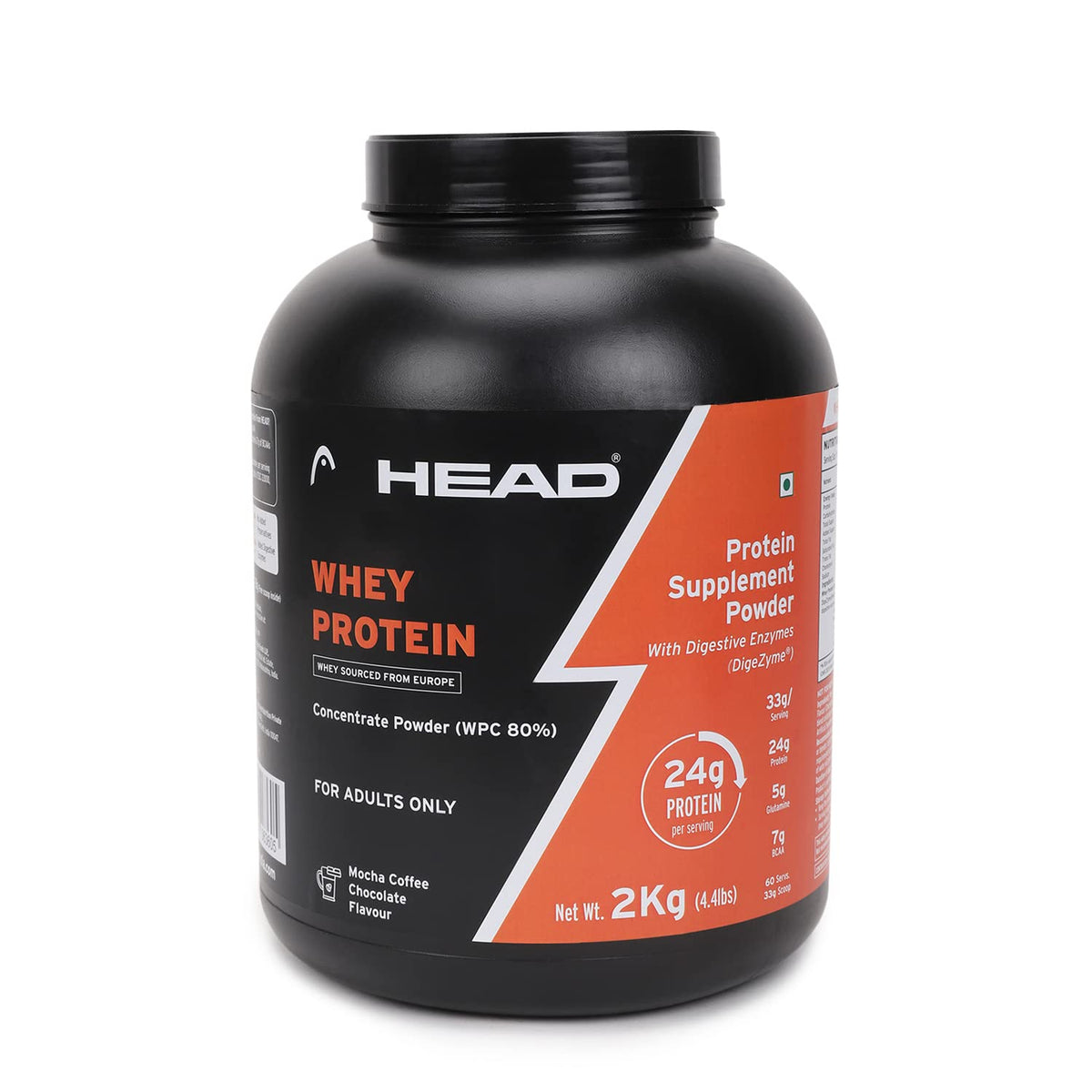 Head Premium 100% Whey Protein Concentrate Powder, Pack of 2Kg, Mocha Coffee Flavor, 60 Servings, for Athletes, Sports & Fitness Enthusiast, Muscle Strength & Bone Health, Sugarfree, for Daily Protein Intake