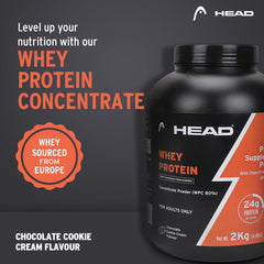 Head Premium 100% Whey Protein Concentrate Powder, Pack of 2Kg, Chocolate Cookie Cream Flavor, 60 Servings, for Athletes, Sports & Fitness Enthusiast, Muscle Strength & Bone Health, Sugarfree, for Daily Protein Intake