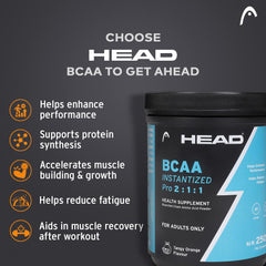 Head BCAA Powder for Adults 400g (67 Servings, Post/Intra Workout, Orange Flavor) - Muscle Recovery, Endurance & Athletic Performance Pro 2:1:1, L-Leucine, L-Valine, L-Isoleucine, Acidity Regulator, Preservative Free