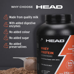 Head Premium 100% Whey Protein Concentrate Powder, Pack of 2Kg, Mocha Coffee Flavor, 60 Servings, for Athletes, Sports & Fitness Enthusiast, Muscle Strength & Bone Health, Sugarfree, for Daily Protein Intake